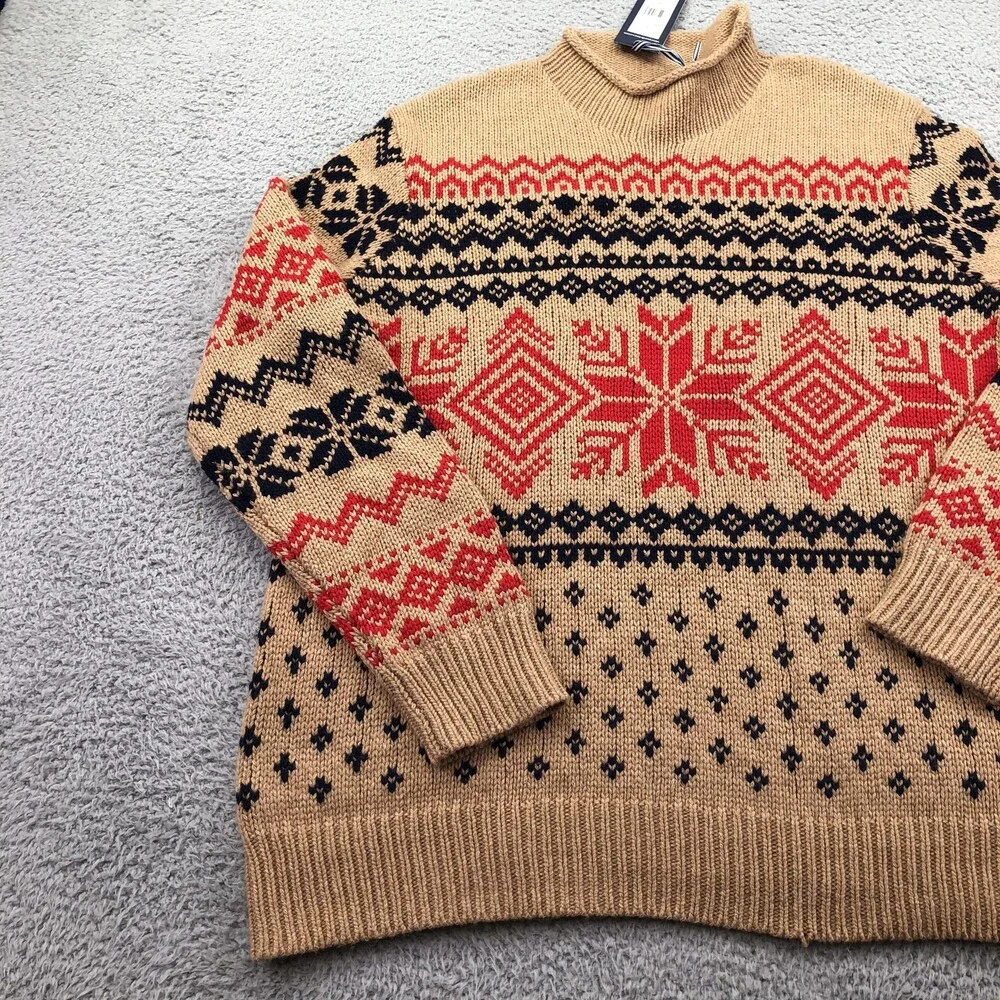 Vineyard Vines Sweater Mens Large Beige Fair Isle Snowflake Roll Neck Knit